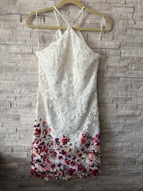 JAYGODFREY White Lace Mini Dress with Pink & Red Floral Hem